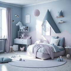 Scandinavian Style Of Kids Girls Room, Bed and Shelf With Toys Decoration, Generative Ai
