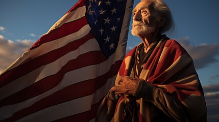 Elderly model holding a folded American flag against the heart, with a backdrop of a national monument.