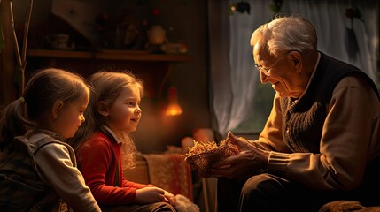 Elderly model sharing war stories with young children, emphasizing the generational gap
