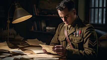 Model in military uniform, staring at old war letters and photographs