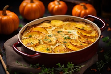 Sliced and layered potato and pumpkin casserole in a black baking form on wooden background, topped...