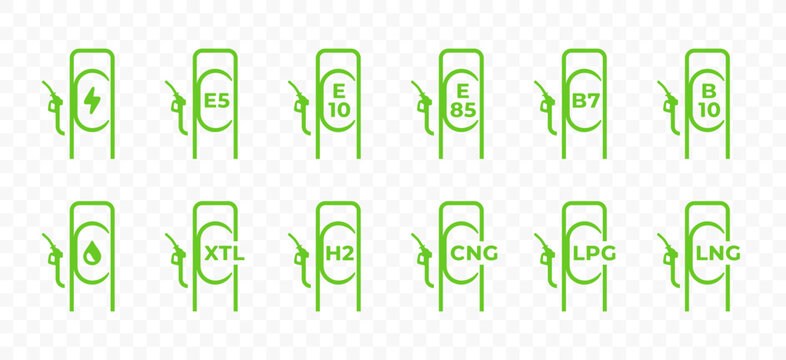 Fuel dispenser with the marking of fuel types: gasoline, diesel, gas vector design. Fuel station with nozzle with the labeling of fuel types graphic design