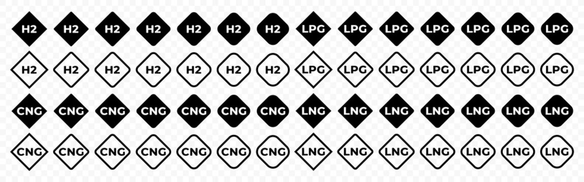 Marking of gas fuel types: H2, CNG, LPG, LNG vector design. Gaseous type of fuel labeling in the rhombus graphic design