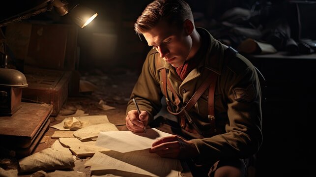 Model in military uniform, staring at old war letters and photographs