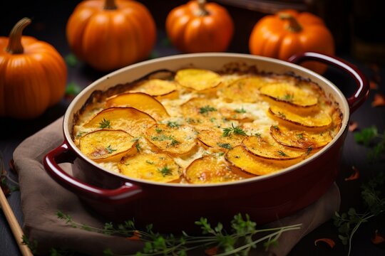 Sliced and layered potato and pumpkin casserole in a black baking form on wooden background, topped with roasted onions, feta cheese crumbs, rosemary herbs and whipped cream