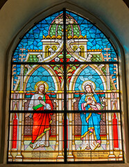 stained glass window fortified church Lichtenegg, Lower Austria, Austria