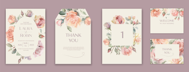 Fototapeta na wymiar Wedding Invitation Card Design with watercolor garden roses.