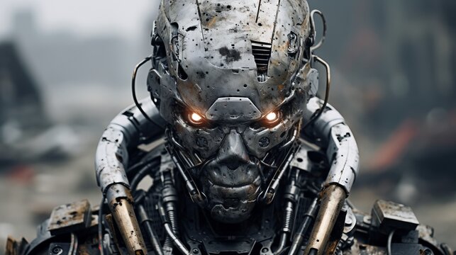 A close-up of a robotic humanoid perfect soldier with red eye looking into the camera. Super detailed military gaming equipment.