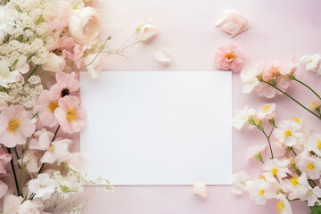 Naklejka na ściany i meble Blank paper and flowers on country background for printable art, paper, stationery and greeting card mockup