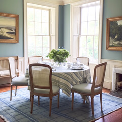 Dining room decor, interior design and house improvement, elegant table with chairs, furniture and classic blue home decor, country cottage style