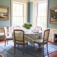 Fototapeta premium Dining room decor, interior design and house improvement, elegant table with chairs, furniture and classic blue home decor, country cottage style