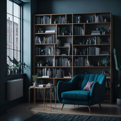 Scandinavian Style Interior Living Room, Large Bookcase And  Cosy Armchairs, Reading Space, Generative Ai