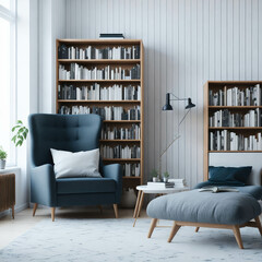 Scandinavian Style Interior Living Room, Large Bookcase And  Cosy Armchairs, Reading Space, Generative Ai