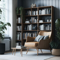 Fototapeta premium Scandinavian Style Interior Living Room, Large Bookcase And Cosy Armchairs, Reading Space, Generative Ai