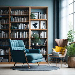 Fototapeta na wymiar Scandinavian Style Interior Living Room, Large Bookcase And Cosy Armchairs, Reading Space, Generative Ai
