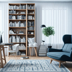 Scandinavian Style Interior Living Room, Large Bookcase And  Cosy Armchairs, Reading Space, Generative Ai