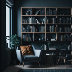 Scandinavian Style Interior Living Room, Large Bookcase And  Cosy Armchairs, Reading Space, Generative Ai