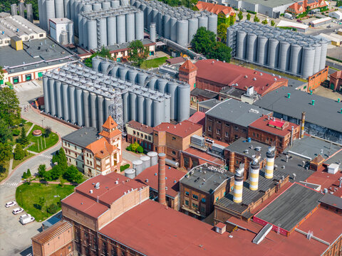 Aerial view of Tychy. Brewery factory in Tychy. Silesian Voivodeship. Poland.