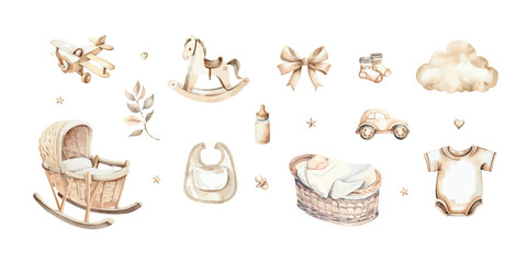 Newborn Baby Boy clipart set. Watercolor hand drawn illustrations with elements for baby shower isolated on white background.