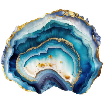 Blue agate geode slice with golden edges, gemstone watercolor illustration isolated with a transparent background, crystal mineral design