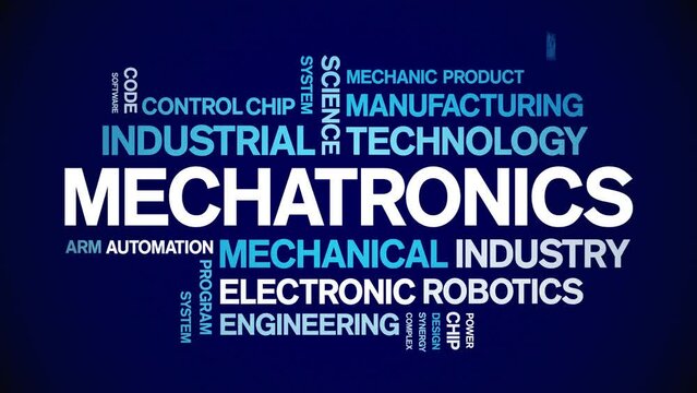 Mechatronics animated tag word cloud;text design animation kinetic typography seamless loop.