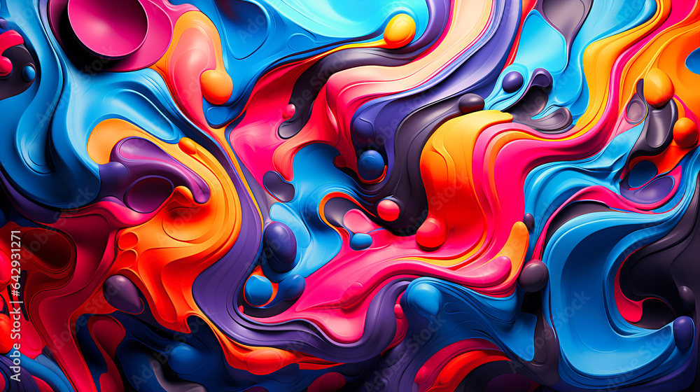 Poster abstract fluid neon shapes resembling psychedelic ink patterns.