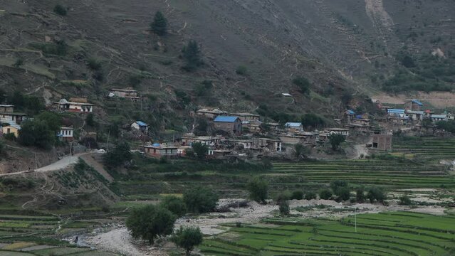 beautiful village view from the top of the mountain. located in jumla Nepal. this footage captured on 10th July 2023