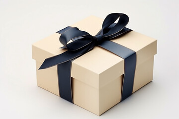 Beige gift box with black bow on white background. Generative AI