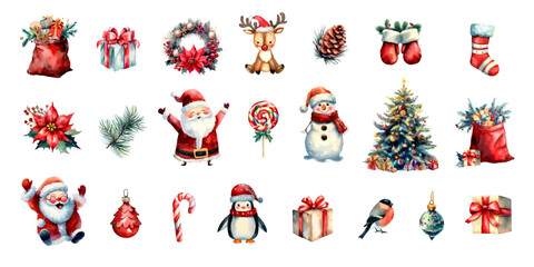 Set of christmas watercolor elements. Holidays clipart for christmas card, sticker and print.
