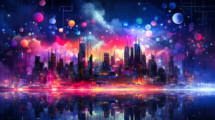 Abstract neon city skyline glowing vibrantly in twilight hues.