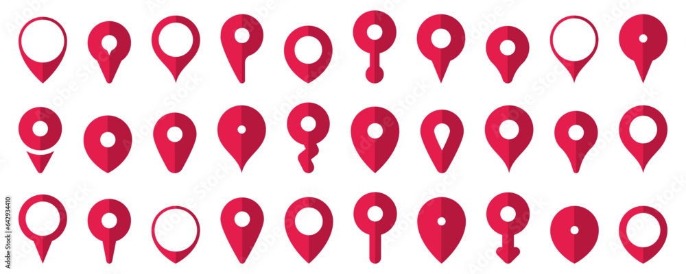 Poster set of red location pin pointer icon in a flat design. location marker symbol. red map pin icon coll