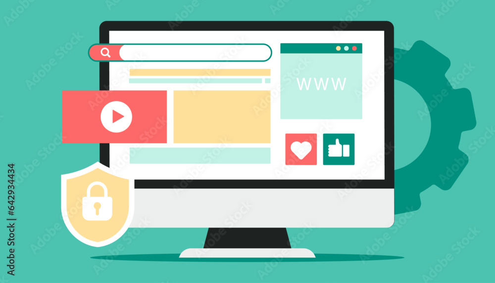 Aufkleber Computer monitor screen with social media frame in web browser in a flat design