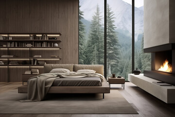 Bedroom interior, minimalism style. Bed, fireplace and floor-to-ceiling panoramic window indoors