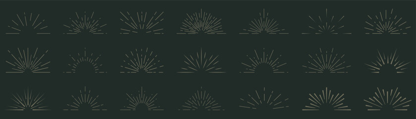 Sunburst element collection. Set of golden radial sunrise. Vintage sunbeam shape collection. Set of retro line sun burst elements