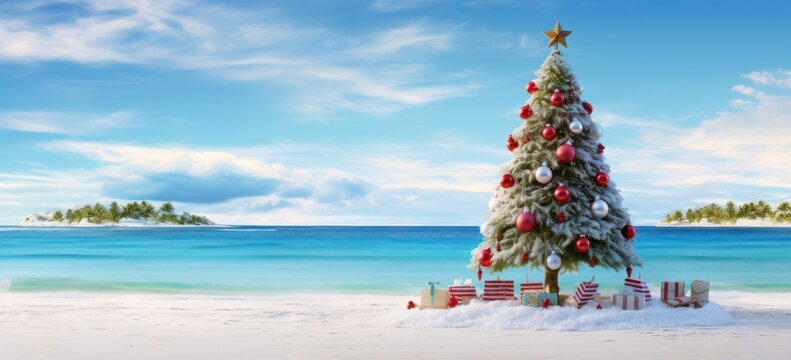 Beach vacation with Christmas vibes and sandy tree.