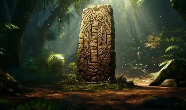 ancient inscriptions in old and mossy green rainforest generative ai