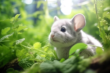 A cute child's chinchilla is running happily in the lush nature. The background of the gentle light of the sun. Nature and animal concept.