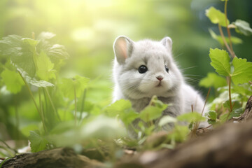 Naklejka na ściany i meble A cute child's chinchilla is running happily in the lush nature. The background of the gentle light of the sun. Nature and animal concept.