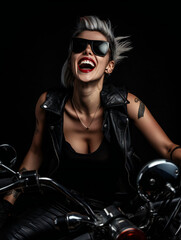 Fototapeta na wymiar Partying woman portrait with biker theme style. Isolated black background.. Generative AI.