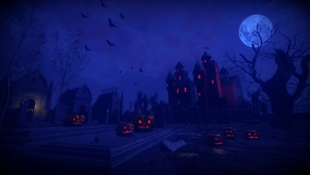  Noche de miedo halloween, con fondo de calabazas  en el cementerio del castillo con murci&eacute;lagos, lluvia y luna llena