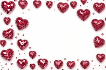 Illustration of red romantic hearts on white empty background for congratulations on Valentine's Day. Composition with empty spac