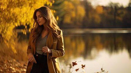 Fototapete Model by a serene lake during autumn, showcasing fall fashion with rich, warm colors © Filip
