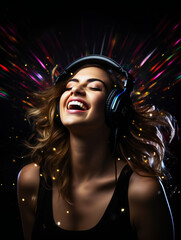 Partying woman portrait with music theme style. Isolated black background.. Generative AI.