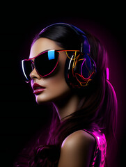 Partying woman portrait with techno theme style. Isolated black background.. Generative AI.