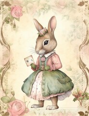 Obraz premium rabbit with clothes animal old paper, vintage junk journal digital paper