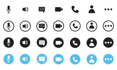 Video call icon set. Video conferencing. Collection of online video chat app buttons, internet talk, calling technology. Web app ui template view. Video conferencing and online meeting workspaces.