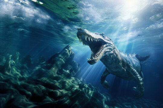 The Loch Ness monster (also known as Nessie) swimming underwater - scary looking with sharp teeth - Generative AI