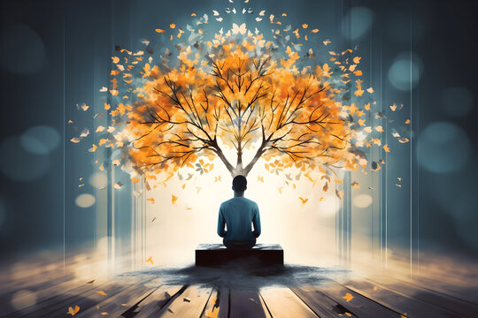 Visualize the impact of self-reflection and mindfulness on mental health. a  person sitting in meditation, with an abstract tree extending from their  head. Each leaf represent a mindful thought Stock Photo