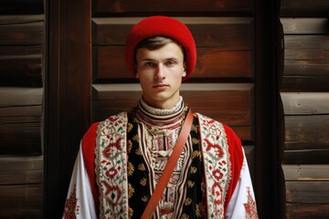 Fototapeta premium Traditional male portrait in historic clothing. Cultural fashion and style. Concept of historical elegance and masculine heritage.
