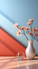 Art minimal aesthetic. Creative concept. Copy space. Still life with flowers in vase on blue and orange wall with shadow in form of line. 